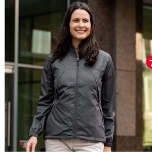 Windbreaker/rain jacket — hood, pockets, good for travel